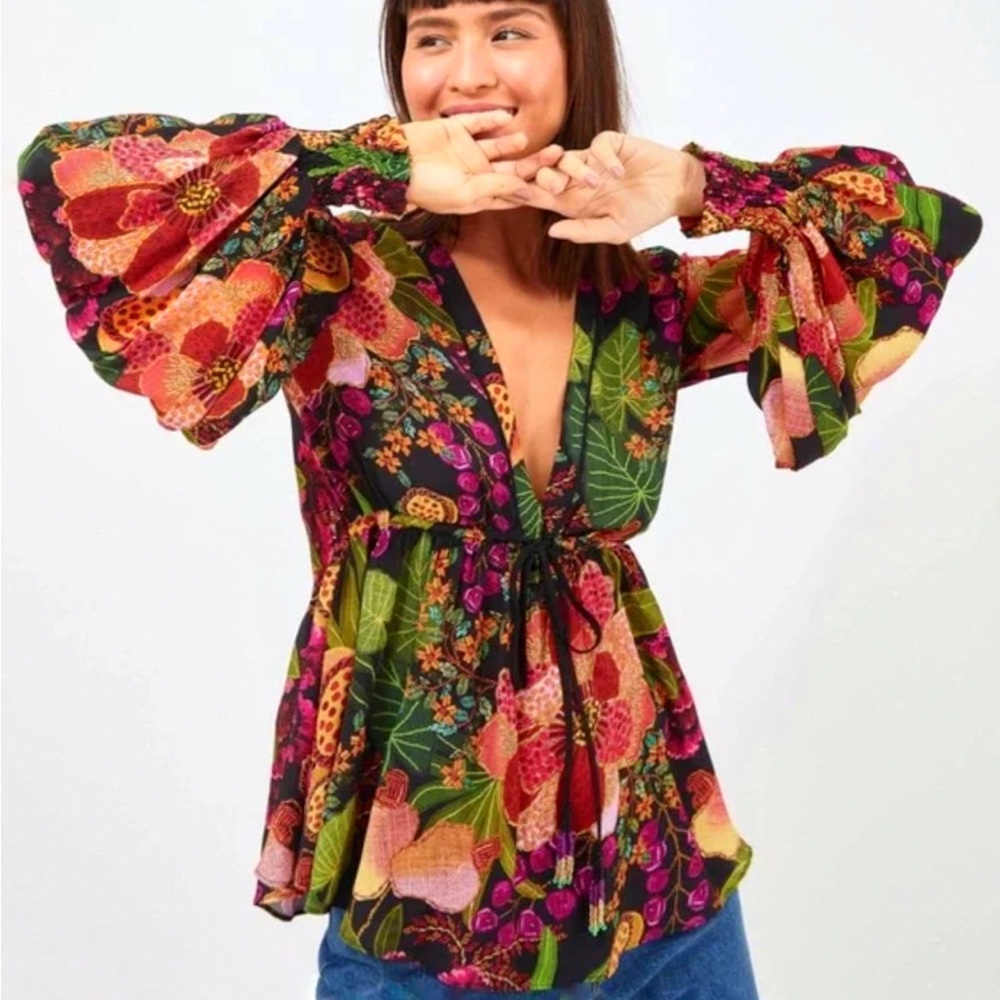 Farm Rio Small / Medium Black Fruit Floral Blouse